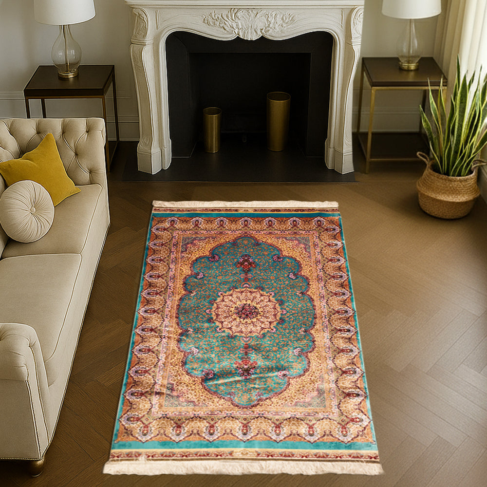 Phirozi silk carpet featuring a traditional Persian medallion design with intricate floral motifs in turquoise, beige, and red tones